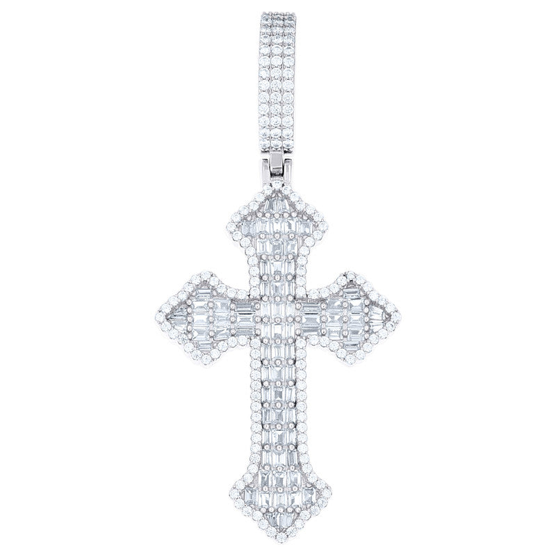 925 Sterling Silver Mens Baguette Round Cubic-Zirconia Cross Religious Charm Pendant