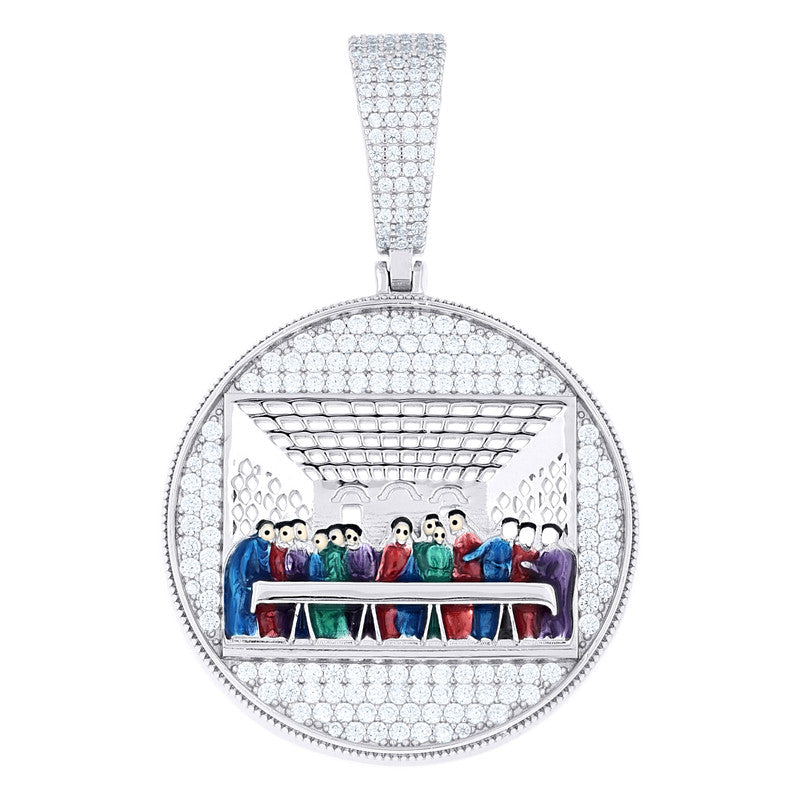 925 Sterling Silver Mens Cubic-Zirconia Enameled Last Supper Religious Charm Pendant