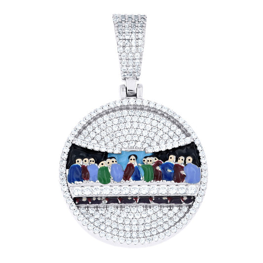 925 Sterling Silver Mens Cubic-Zirconia Enameled Last Supper Religious Charm Pendant