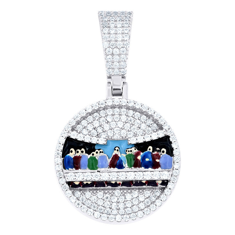 925 Sterling Silver Mens Cubic-Zirconia Enameled Last Supper Religious Charm Pendant