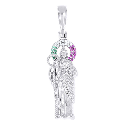 925 Sterling Silver Mens Green/Purple White Cubic-Zirconia St. Jude Religious Charm Pendant