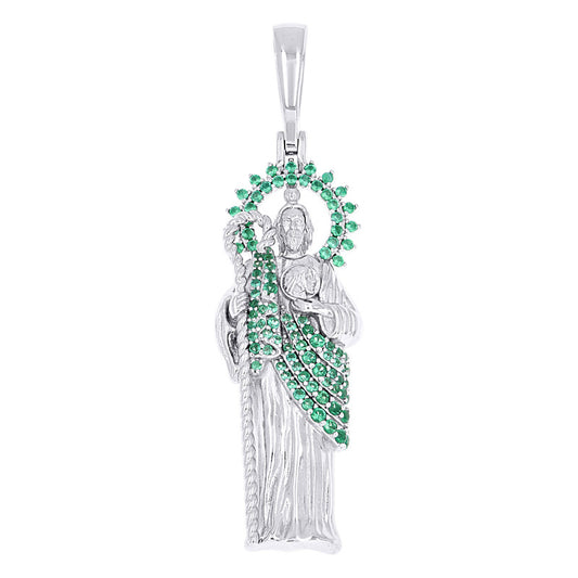 925 Sterling Silver Mens Green Cubic-Zirconia St. Jude Religious Charm Pendant