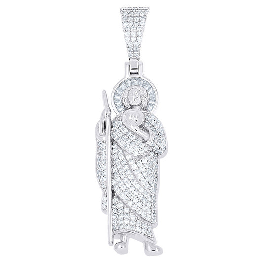 925 Sterling Silver Mens Baguette Round Cubic-Zirconia St. Jude Religious Charm Pendant