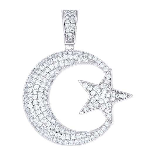 925 Sterling Silver Mens Cubic-Zirconia Crescent Moon Star Celestial Charm Pendant