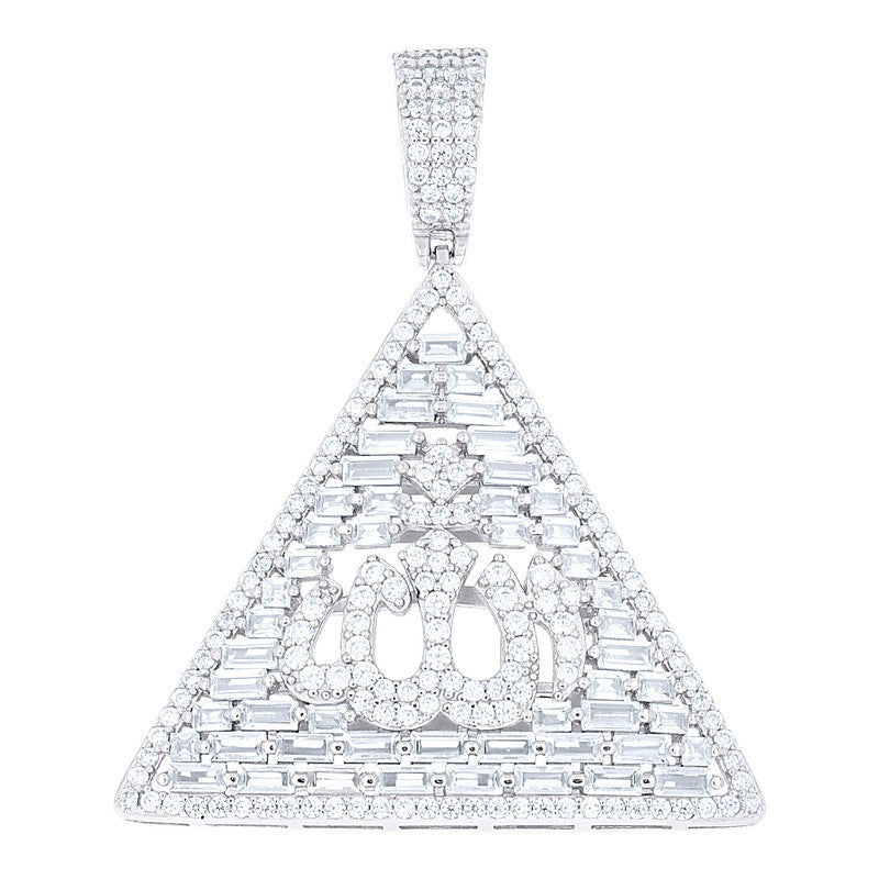 925 Sterling Silver Mens Baguette Round Cubic-Zirconia Pyramid ALLAH Religious Charm Pendant