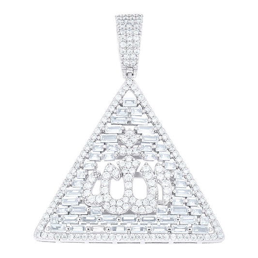 925 Sterling Silver Mens Baguette Round Cubic-Zirconia Pyramid ALLAH Religious Charm Pendant