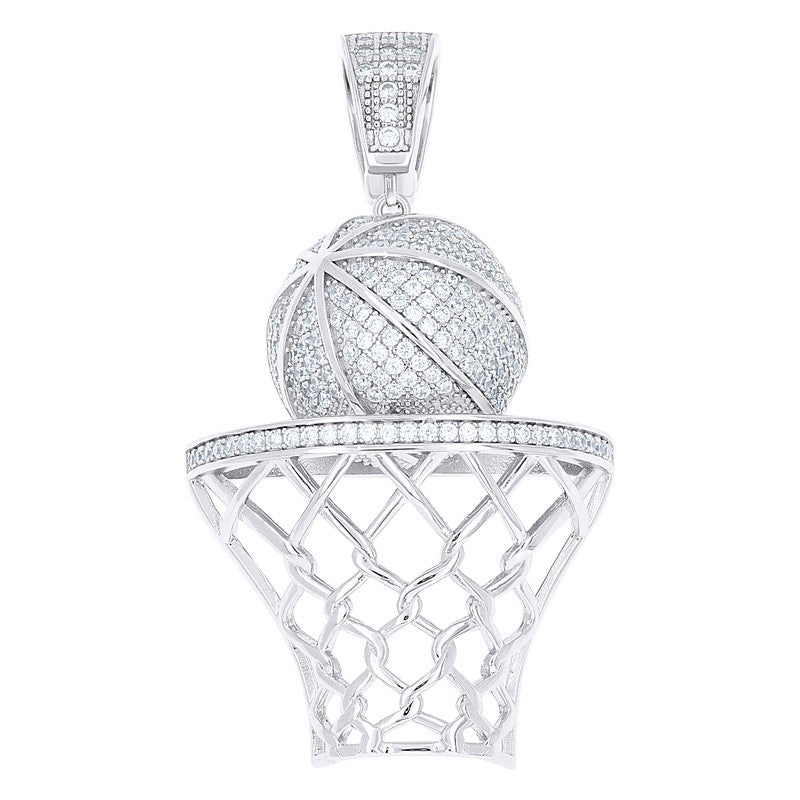925 Sterling Silver Mens Cubic-Zirconia Basket Ball Sports Charm Pendant