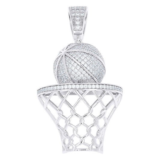925 Sterling Silver Mens Cubic-Zirconia Basket Ball Sports Charm Pendant