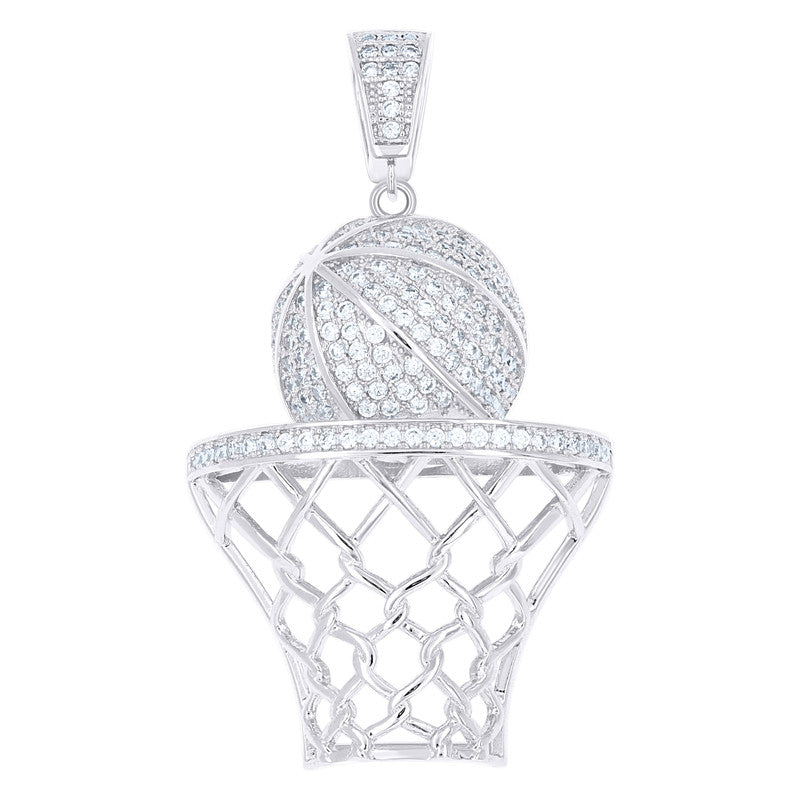 925 Sterling Silver Mens Cubic-Zirconia Basket Ball Sports Charm Pendant