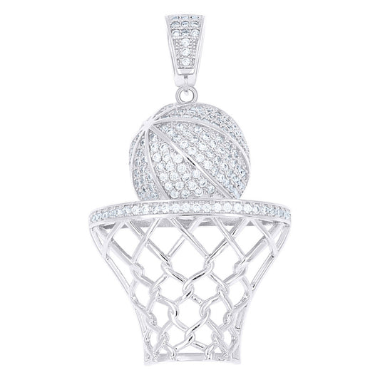 925 Sterling Silver Mens Cubic-Zirconia Basket Ball Sports Charm Pendant
