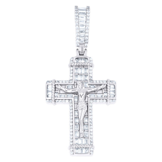 925 Sterling Silver Mens Baguette Round Cubic-Zirconia Crucifix Cross Religious Charm Pendant