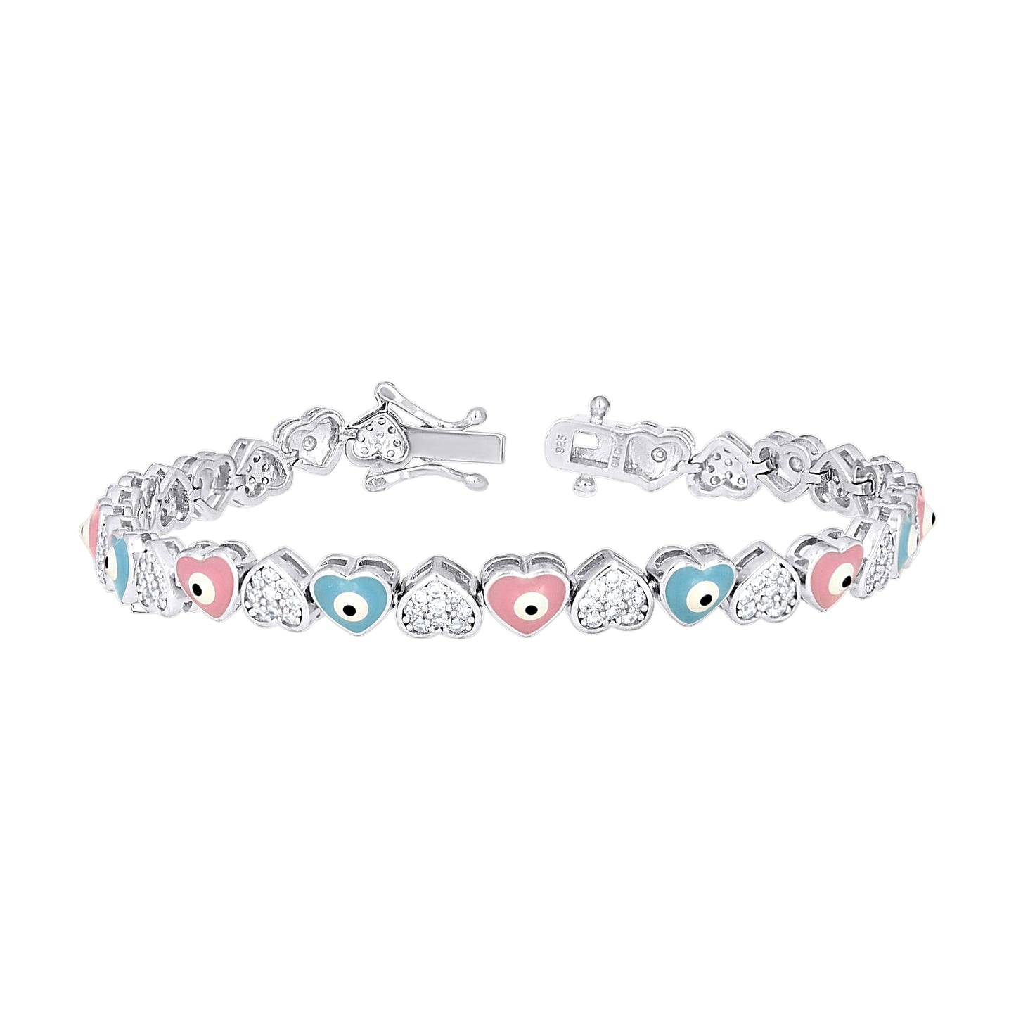 Sterling Silver Womens Cubic-Zirconia Enameled Evil Eye Hearts Fashion Link Bracelet 7 Inches– Elegant Jewelry Gift for Birthday, Anniversary, Engagement, Wedding