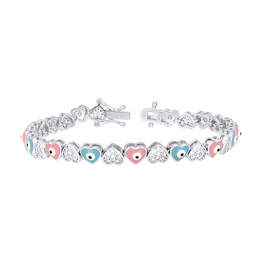 Sterling Silver Womens Cubic-Zirconia Enameled Evil Eye Hearts Fashion Link Bracelet 7 Inches– Elegant Jewelry Gift for Birthday, Anniversary, Engagement, Wedding
