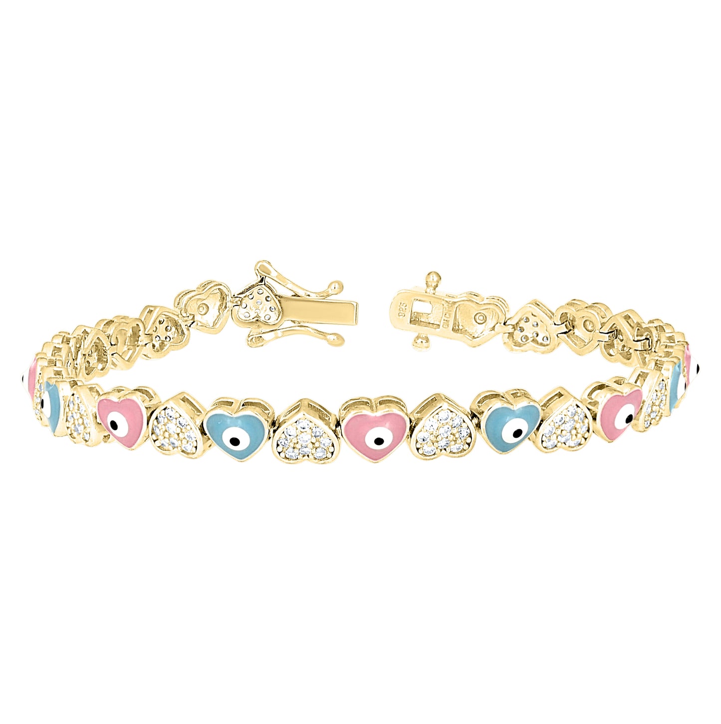 Sterling Silver Womens Cubic-Zirconia Enameled Evil Eye Hearts Fashion Link Bracelet 7 Inches– Elegant Jewelry Gift for Birthday, Anniversary, Engagement, Wedding