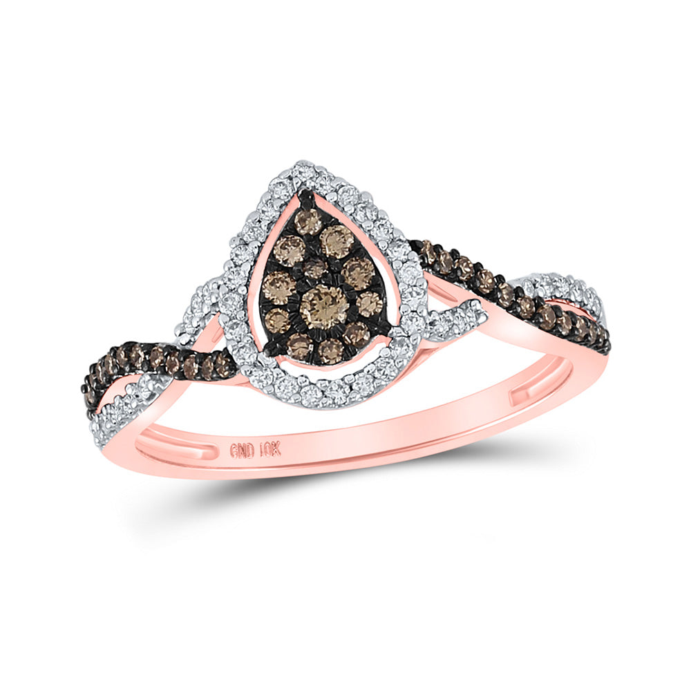 10K Rose Gold Womens Round Brown Diamond Fashion Pear Cluster Ring 1/3 Cttw, Womens Size: 5-10