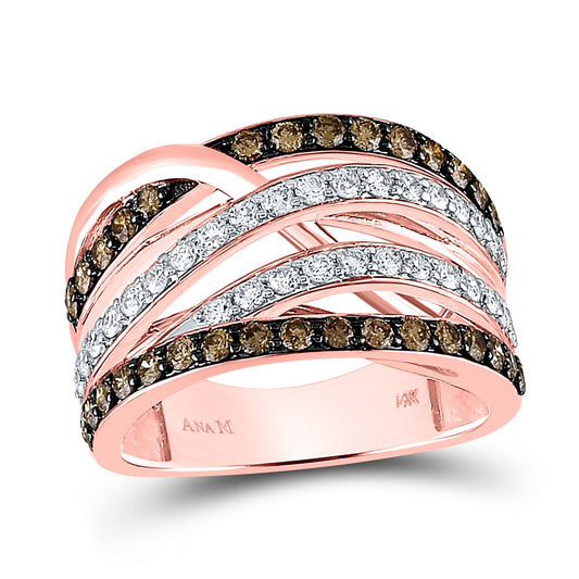 14K Rose Gold Womens Round Brown Diamond Crossover Fashion Ring 1-1/3 Cttw, Womens Size: 5-10