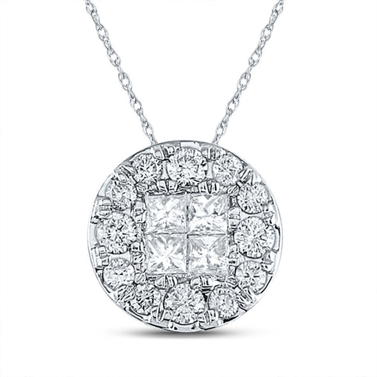 14K White Gold Womens Princess Diamond Cluster Pendant 1 Cttw