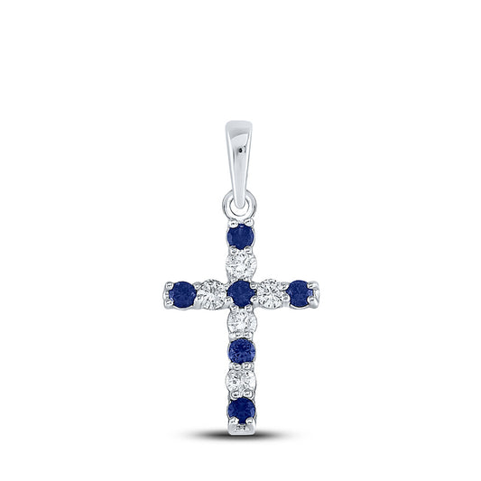 10K White Gold Womens Round Synthetic Blue Sapphire Cross Pendant 1/3 Cttw, Length: 0.8 In, Width: 0.39 In