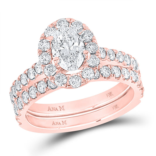14K Rose Gold Oval Diamond Bridal Wedding Ring Band Set 1-7/8 Cttw, Womens Size: 5-10