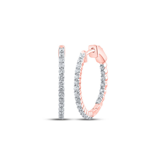10K Rose Gold Womens Round Diamond Inside Outside Hoop Earrings 1 Cttw