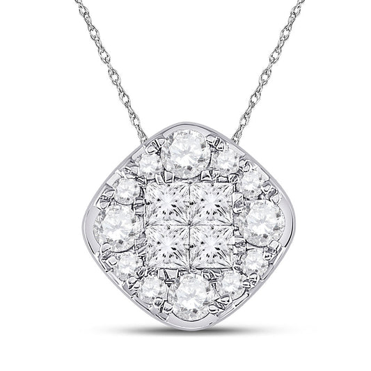 14K White Gold Womens Princess Diamond Offset Square Cluster Pendant 1 Cttw