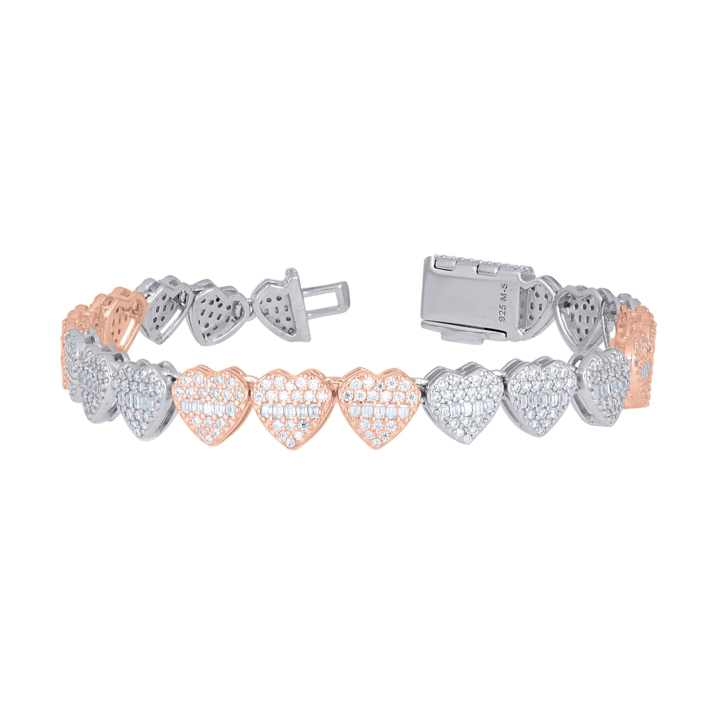 Sterling Silver Rose-Tone Womens Baguette Round Moissanite Heart Link Bracelet 8 Inches– Elegant Jewelry Gift for Birthday, Anniversary, Engagement, Wedding