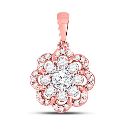 10K Two-tone Gold Womens Round Diamond Flower Halo Cluster Pendant 1/2 Cttw
