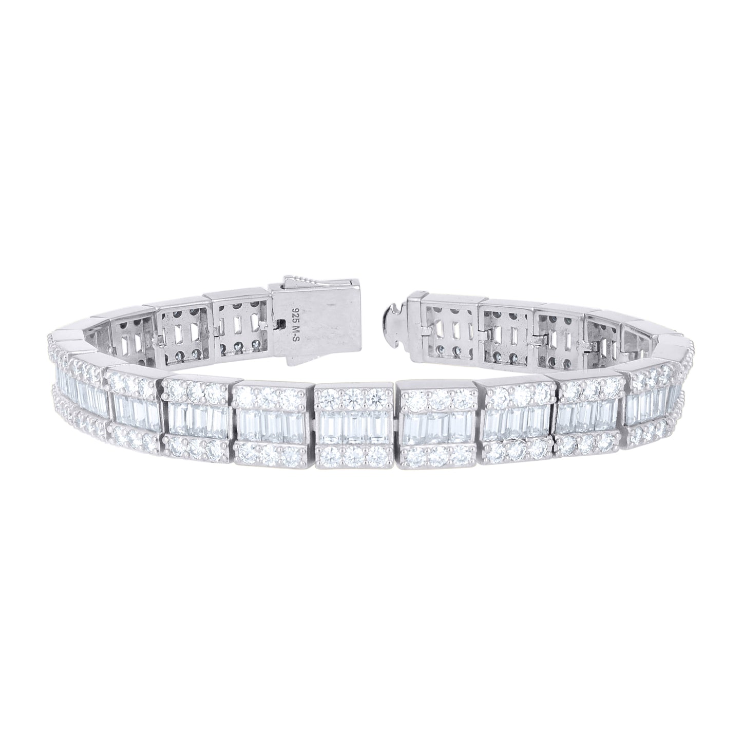 Sterling Silver Unisex Baguette Round Moissanite Square Tennis Chain Bracelet 7 Inches– Elegant Jewelry Gift for Birthday, Anniversary, Engagement, Wedding