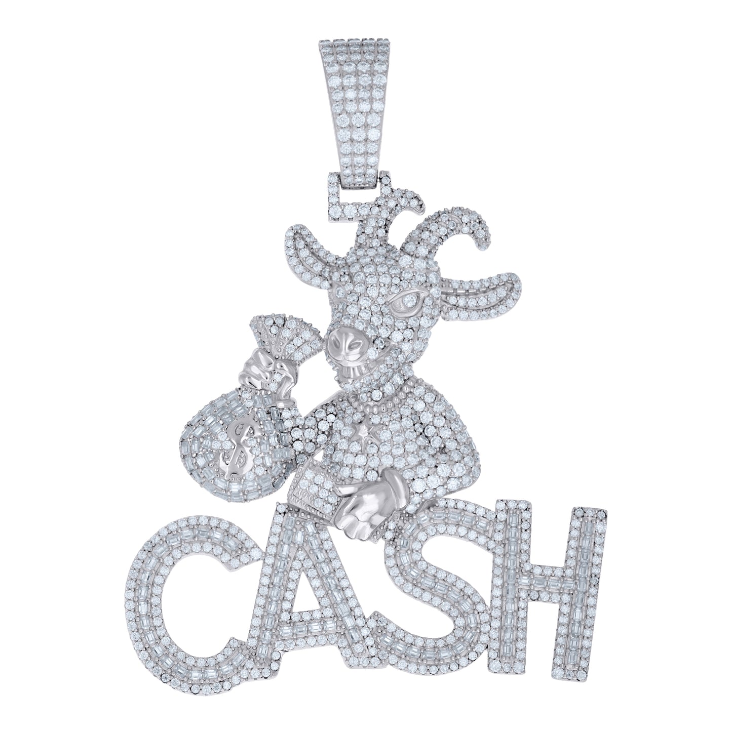Sterling Silver Mens Baguette Round Moissanite Goat Money Bag CASH Currency Pendant – Elegant Jewelry Gift for Birthday, Anniversary, Engagement, Wedding