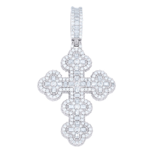Sterling Silver Mens Baguette Round Moissanite Cross Religious Pendant – Elegant Jewelry Gift for Birthday, Anniversary, Engagement, Wedding