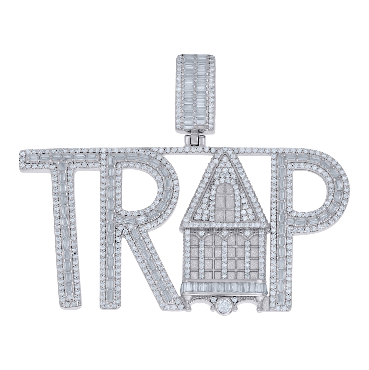 Sterling Silver Mens Baguette Round Moissanite Trap House Fashion Pendant – Elegant Jewelry Gift for Birthday, Anniversary, Engagement, Wedding