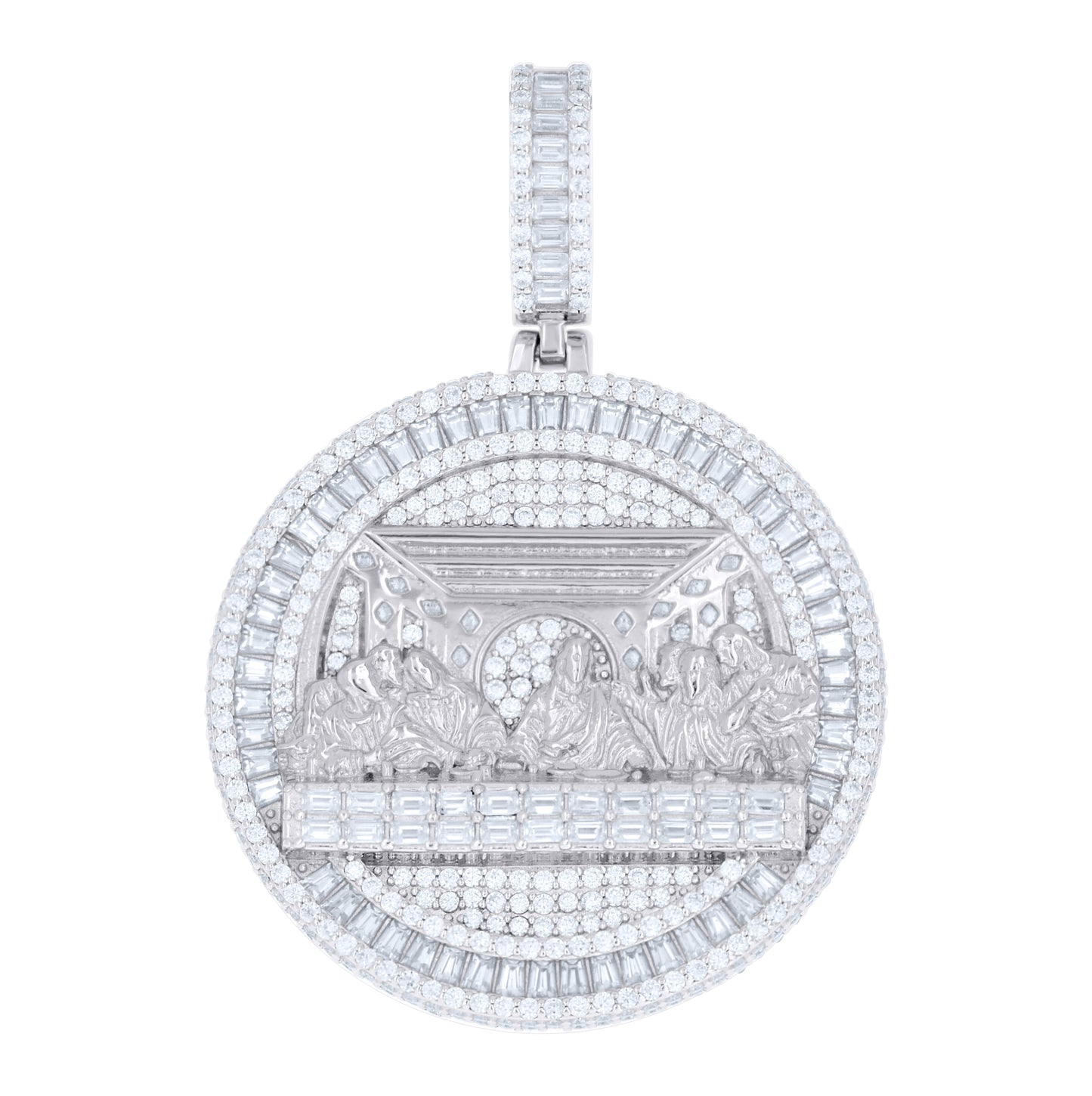 Sterling Silver Unisex Baguette Lozenge-Cut Round Moissanite Last Supper Religious Pendant – Elegant Jewelry Gift for Birthday, Anniversary, Engagement, Wedding