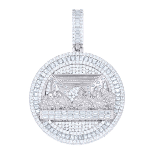 Sterling Silver Unisex Baguette Lozenge-Cut Round Moissanite Last Supper Religious Pendant – Elegant Jewelry Gift for Birthday, Anniversary, Engagement, Wedding