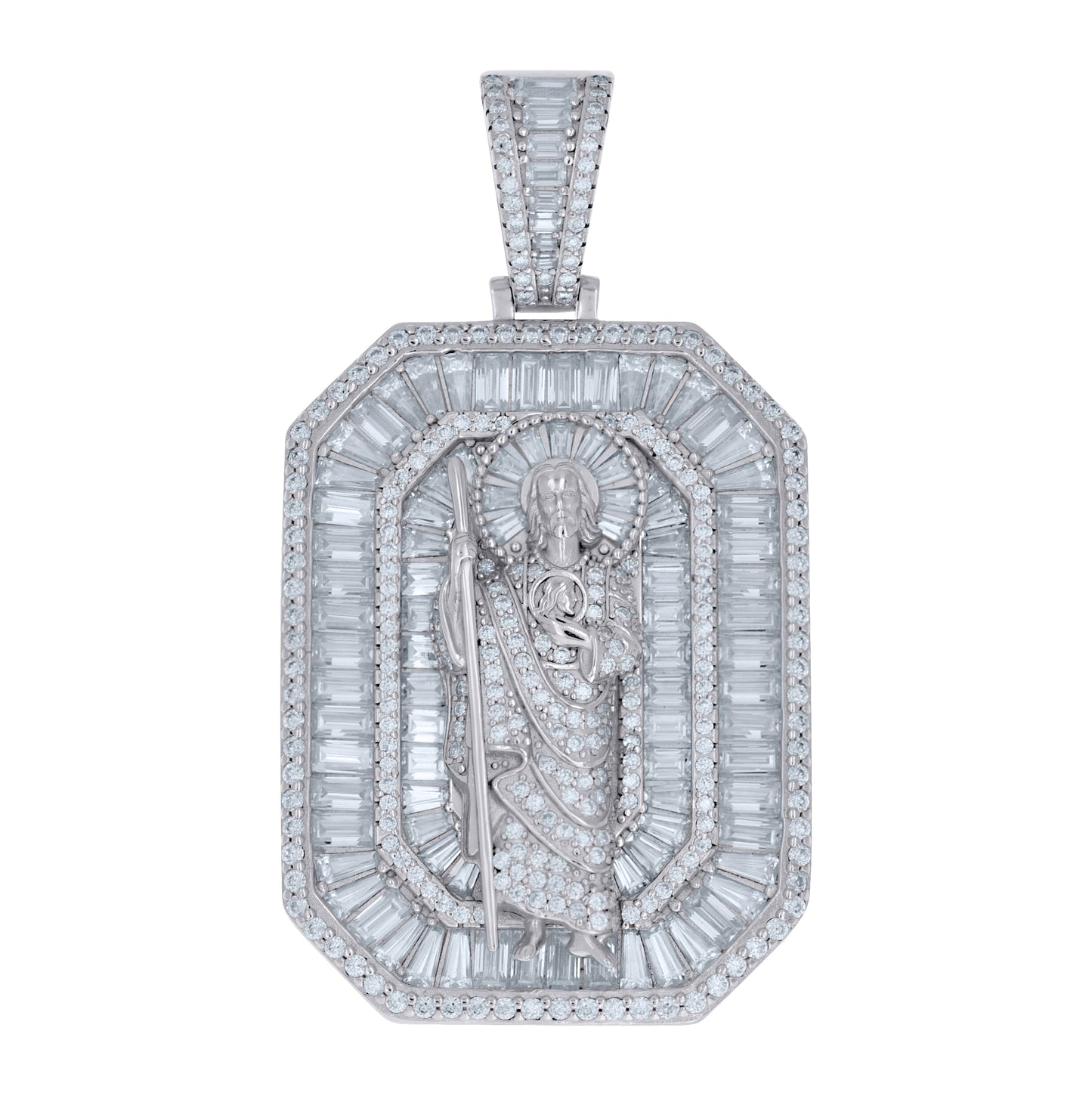 Sterling Silver Mens Round Baguette Moissanite St. Jude Religious Pendant – Elegant Jewelry Gift for Birthday, Anniversary, Engagement, Wedding