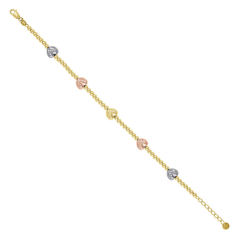10kt Tri-Color Gold Womens Heart Charm Bracelet Size 8 Inches