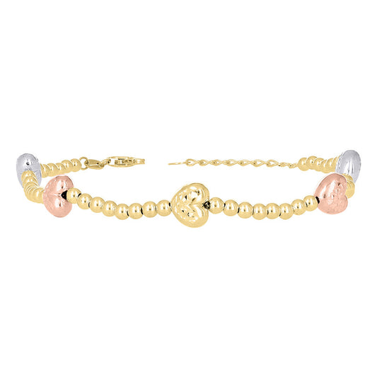 10kt Tri-Color Gold Womens Heart Charm Bracelet Size 8 Inches