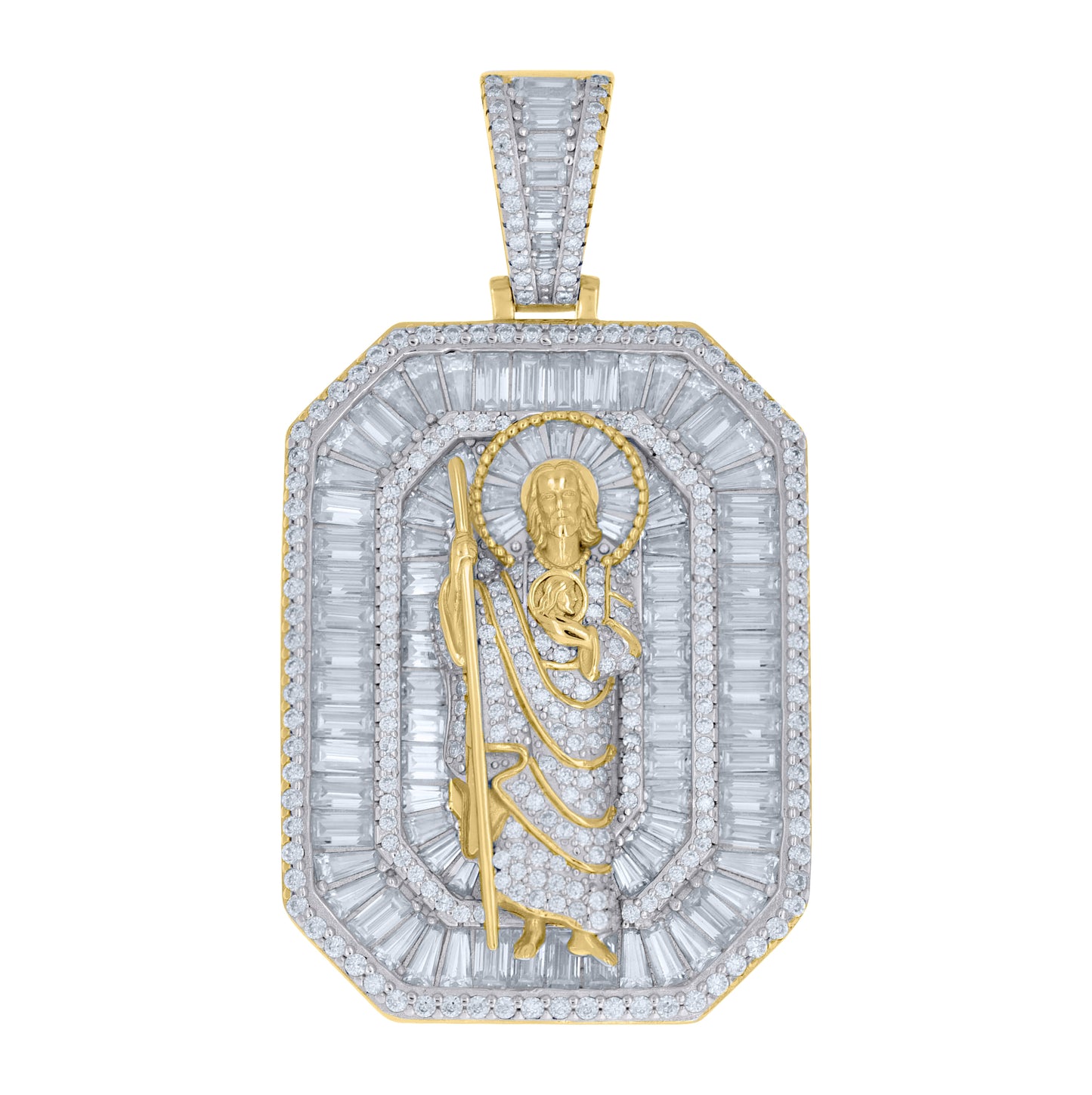 Sterling Silver Mens Round Baguette Moissanite St. Jude Religious Pendant – Elegant Jewelry Gift for Birthday, Anniversary, Engagement, Wedding