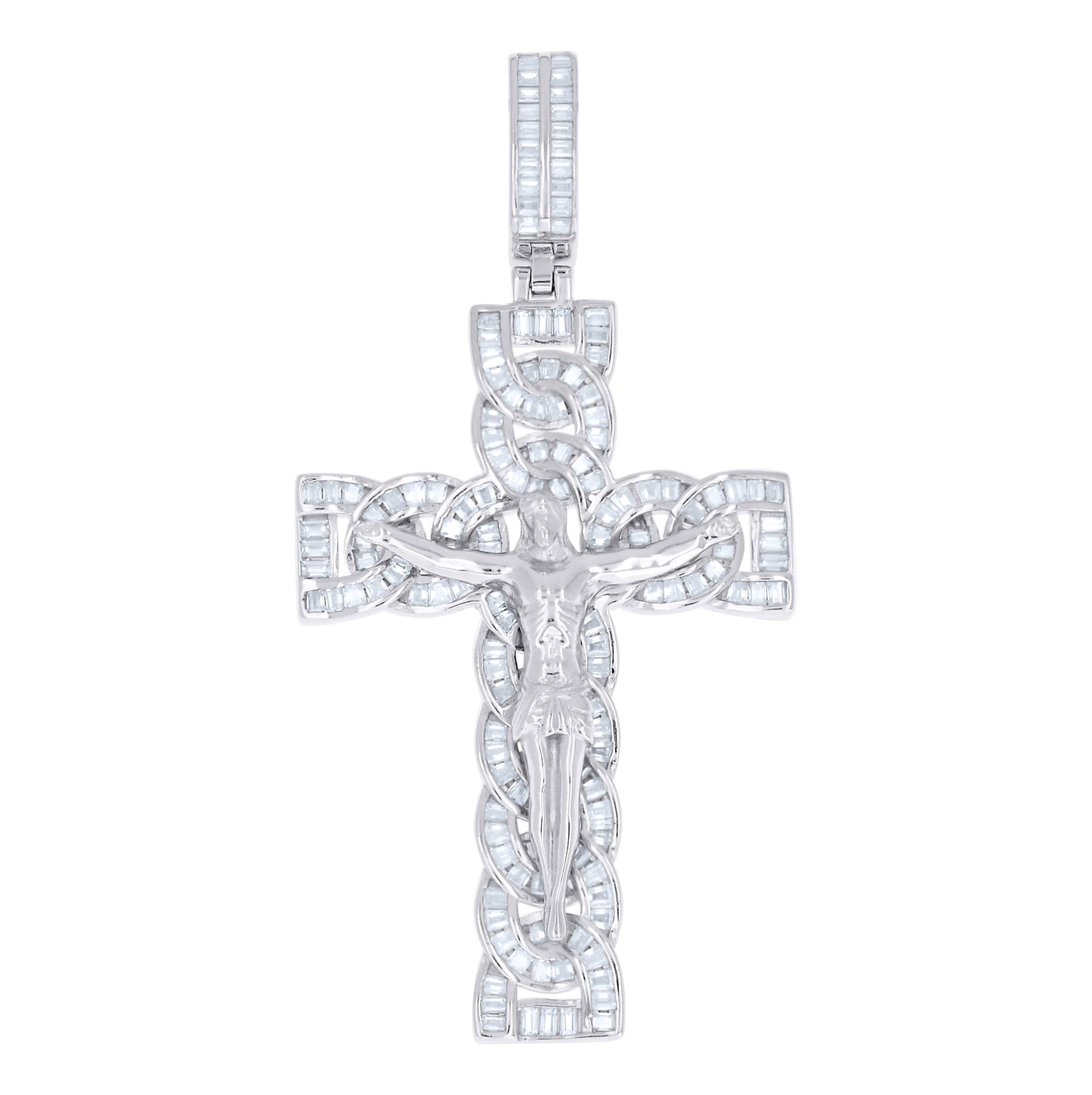 Sterling Silver Mens Baguette Moissanite Crucifix Cross Religious Pendant – Elegant Jewelry Gift for Birthday, Anniversary, Engagement, Wedding