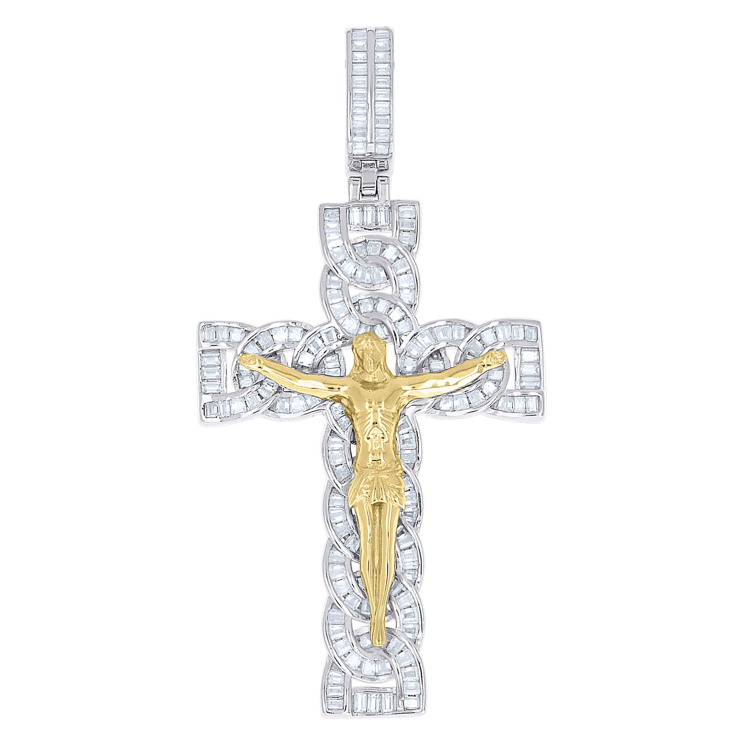 Sterling Silver Mens Baguette Moissanite Crucifix Cross Religious Pendant – Elegant Jewelry Gift for Birthday, Anniversary, Engagement, Wedding
