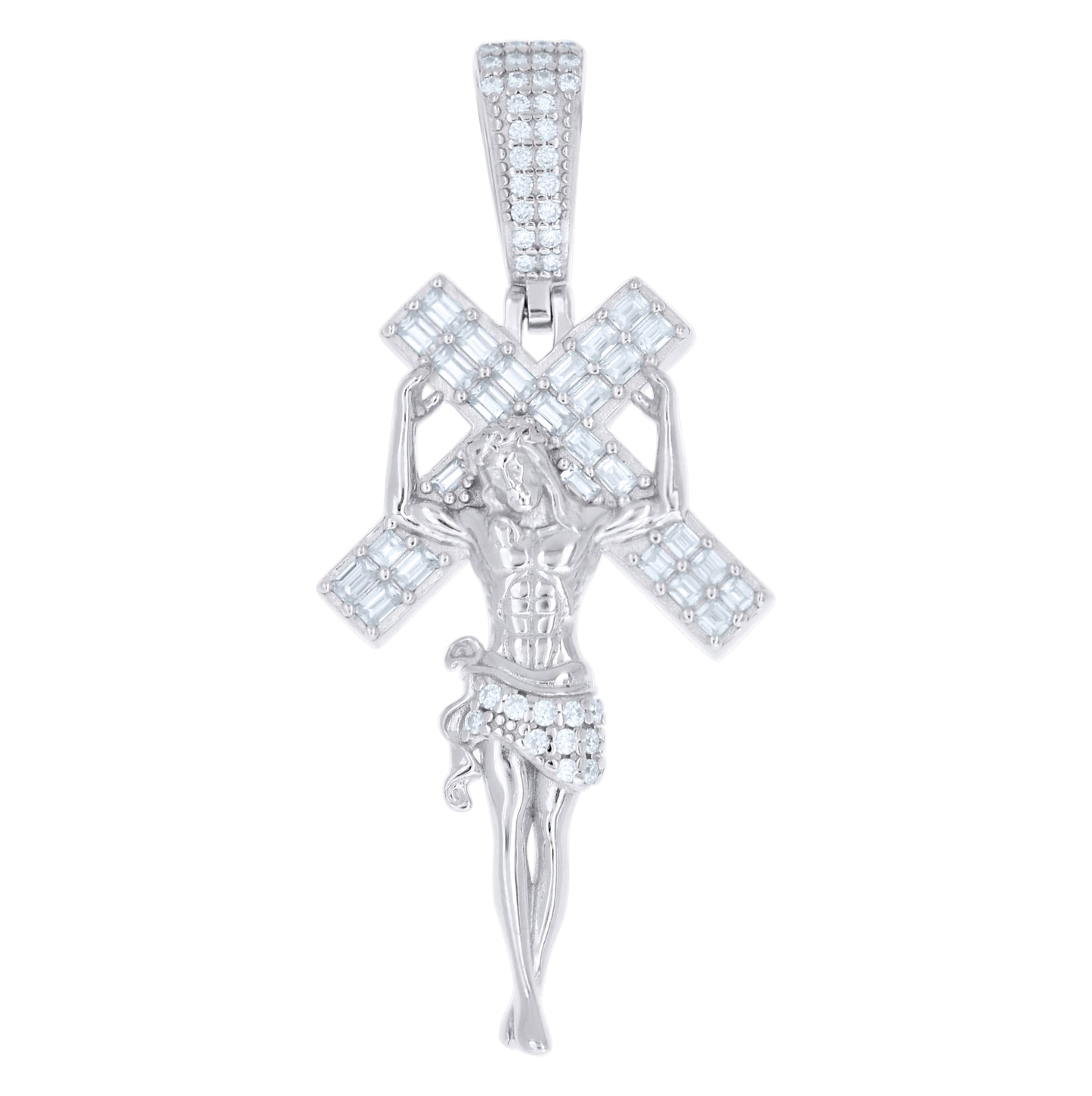 Sterling Silver Mens Baguette Round Moissanite Cross Jesus Religious Pendant – Elegant Jewelry Gift for Birthday, Anniversary, Engagement, Wedding