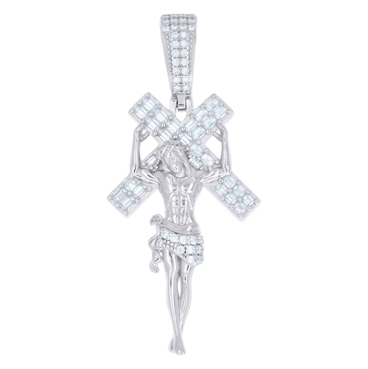 Sterling Silver Mens Baguette Round Moissanite Cross Jesus Religious Pendant – Elegant Jewelry Gift for Birthday, Anniversary, Engagement, Wedding