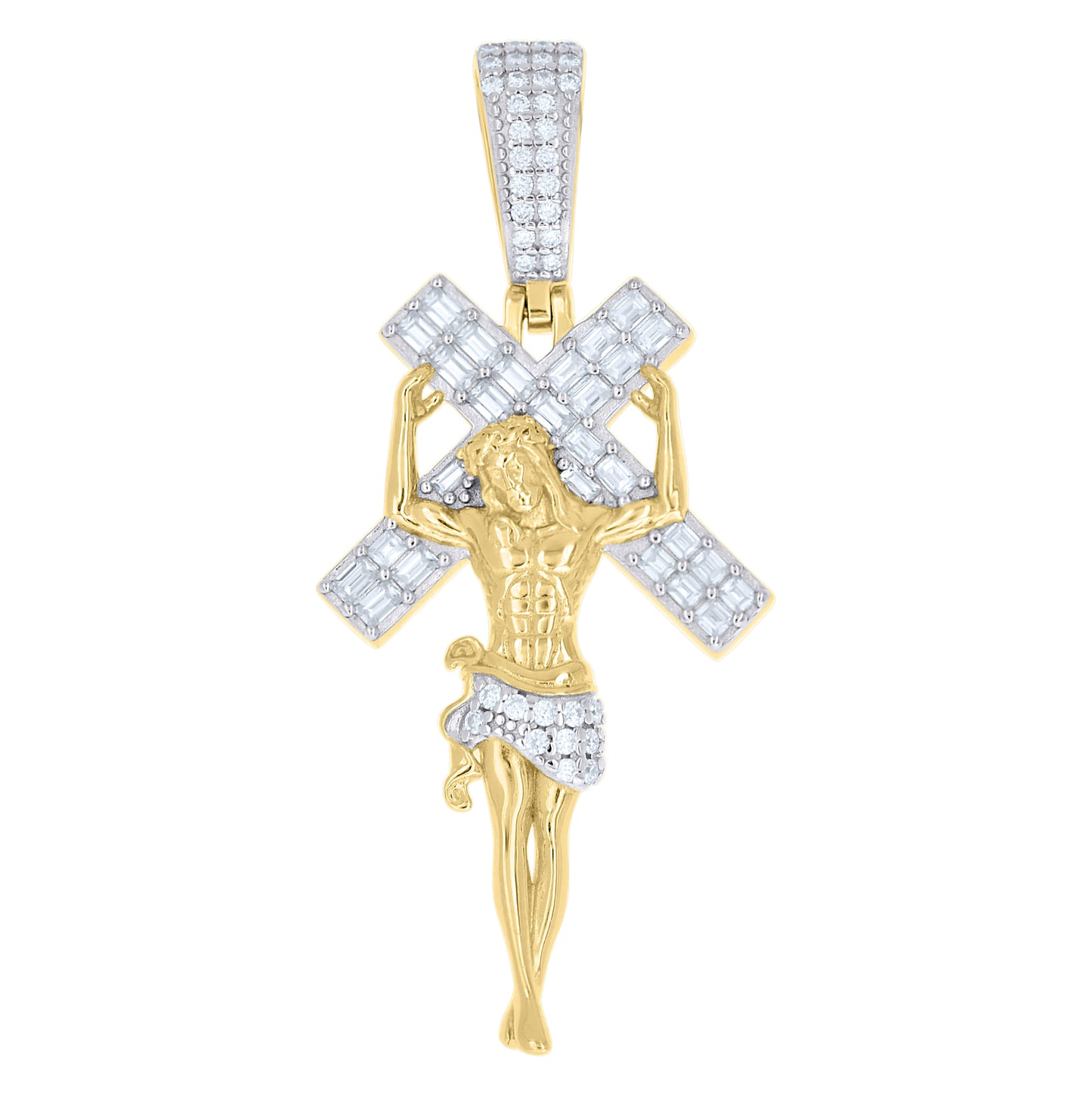 Sterling Silver Mens Baguette Round Moissanite Cross Jesus Religious Pendant – Elegant Jewelry Gift for Birthday, Anniversary, Engagement, Wedding