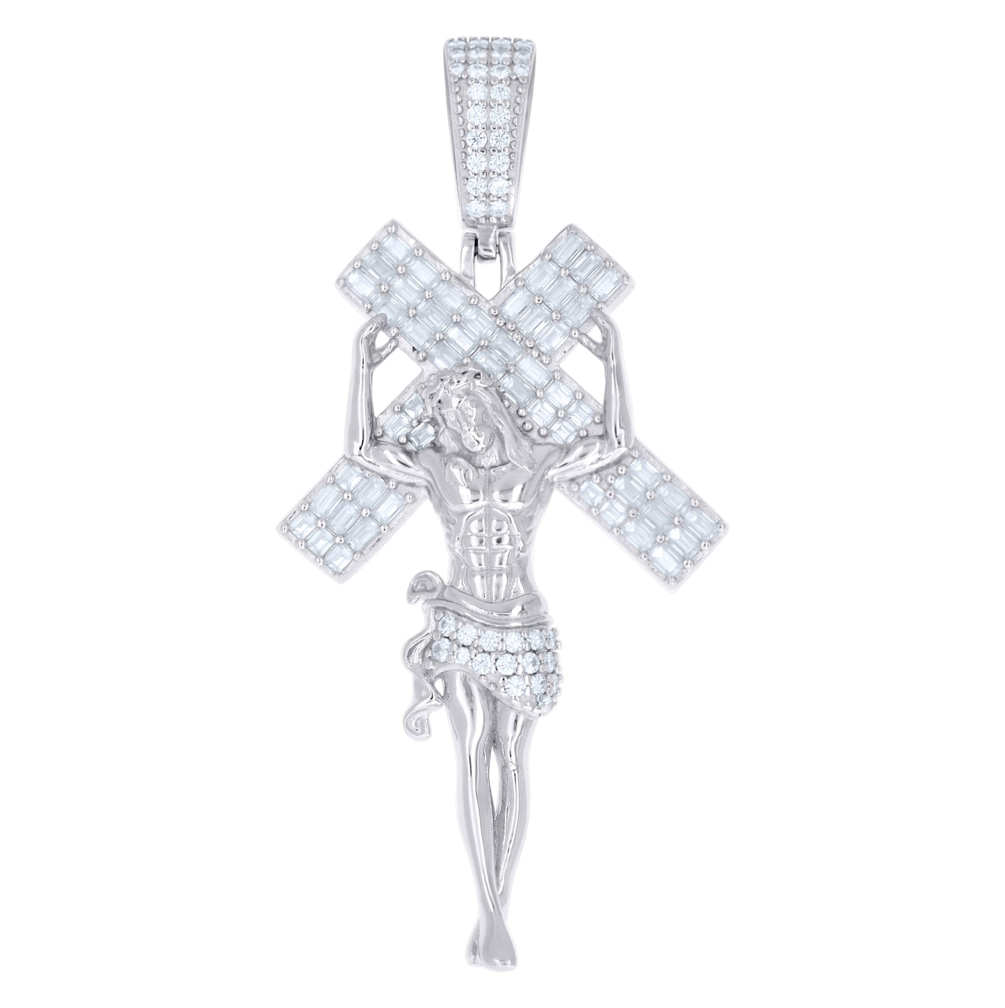 Sterling Silver Mens Baguette Round Moissanite Cross Jesus Religious Pendant – Elegant Jewelry Gift for Birthday, Anniversary, Engagement, Wedding