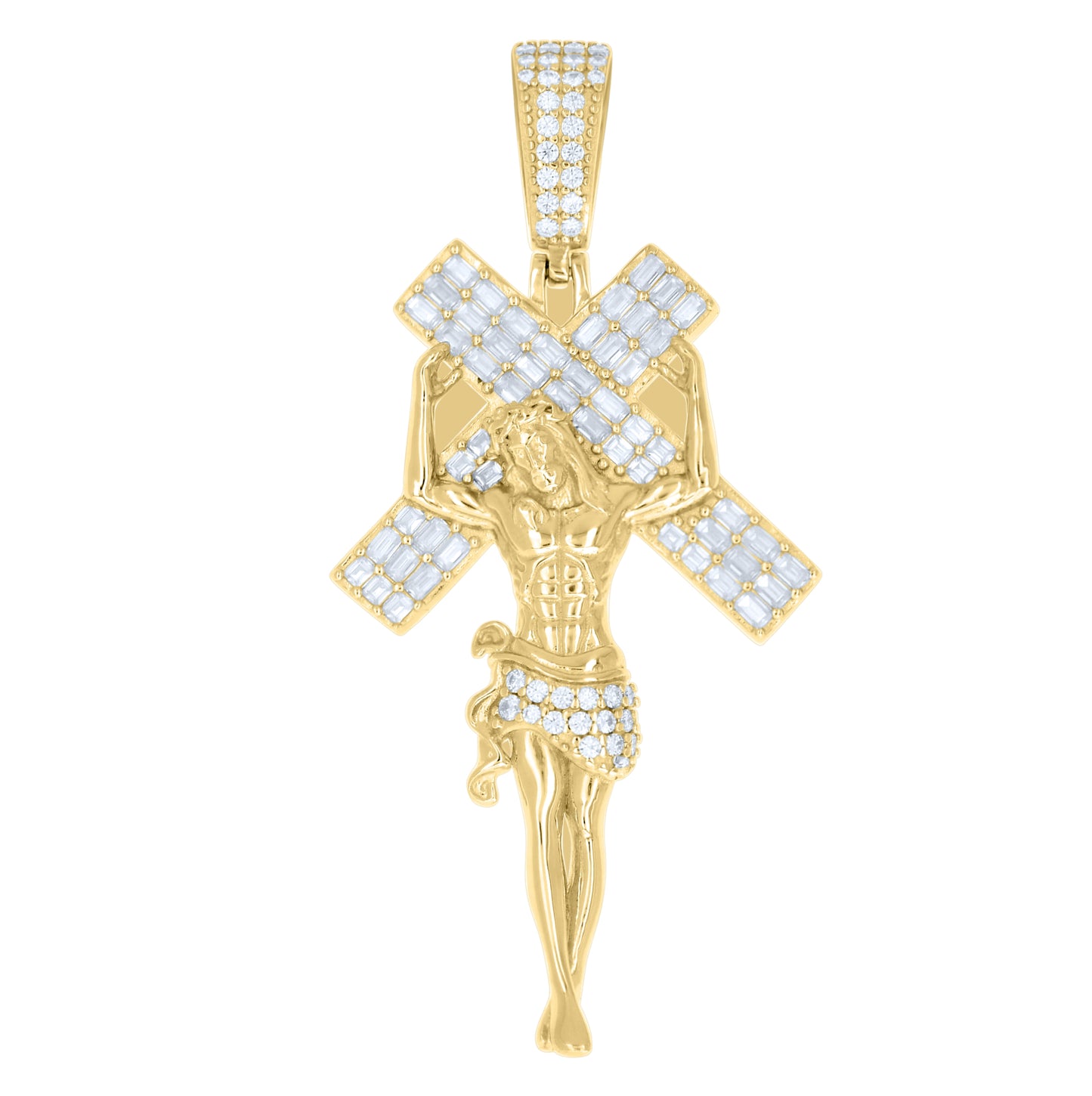 Sterling Silver Mens Baguette Round Moissanite Cross Jesus Religious Pendant – Elegant Jewelry Gift for Birthday, Anniversary, Engagement, Wedding