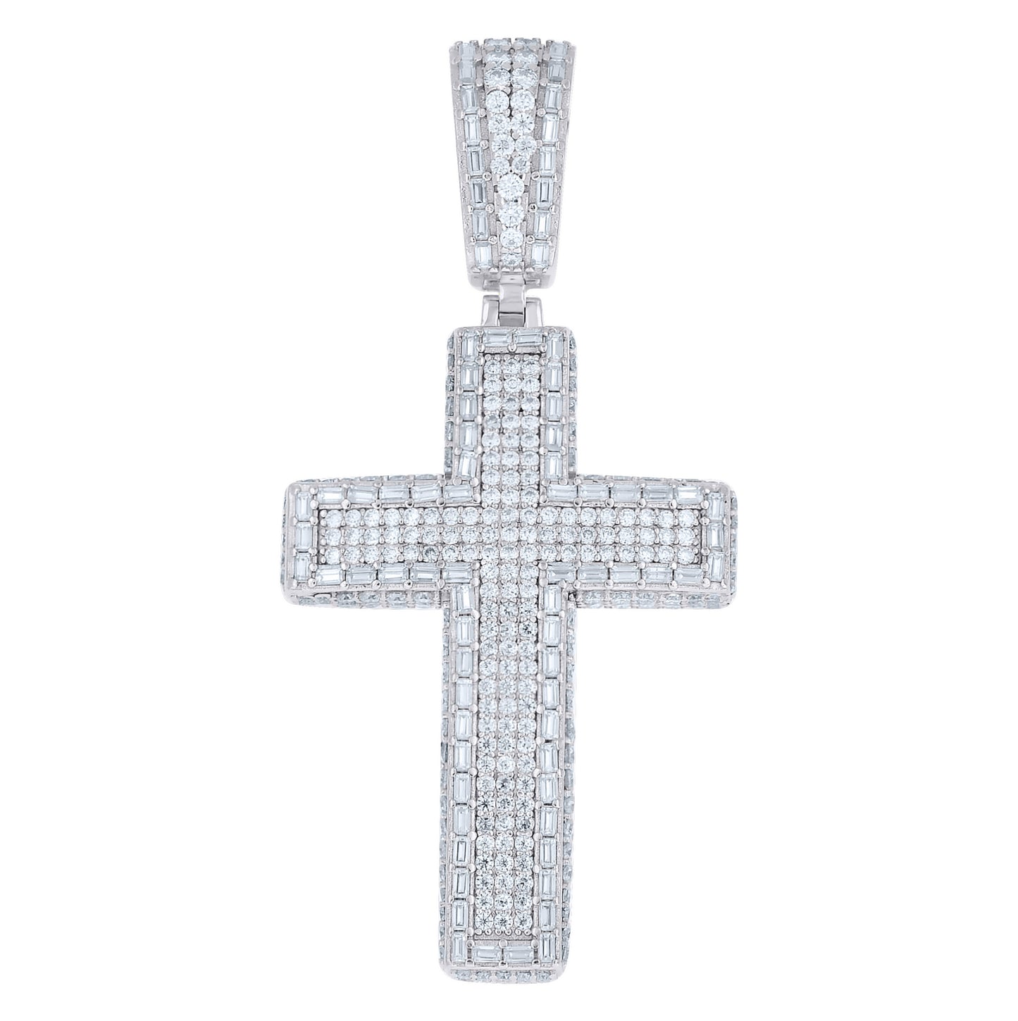 Sterling Silver Mens Round Baguette Moissanite Cross Religious Pendant – Elegant Jewelry Gift for Birthday, Anniversary, Engagement, Wedding