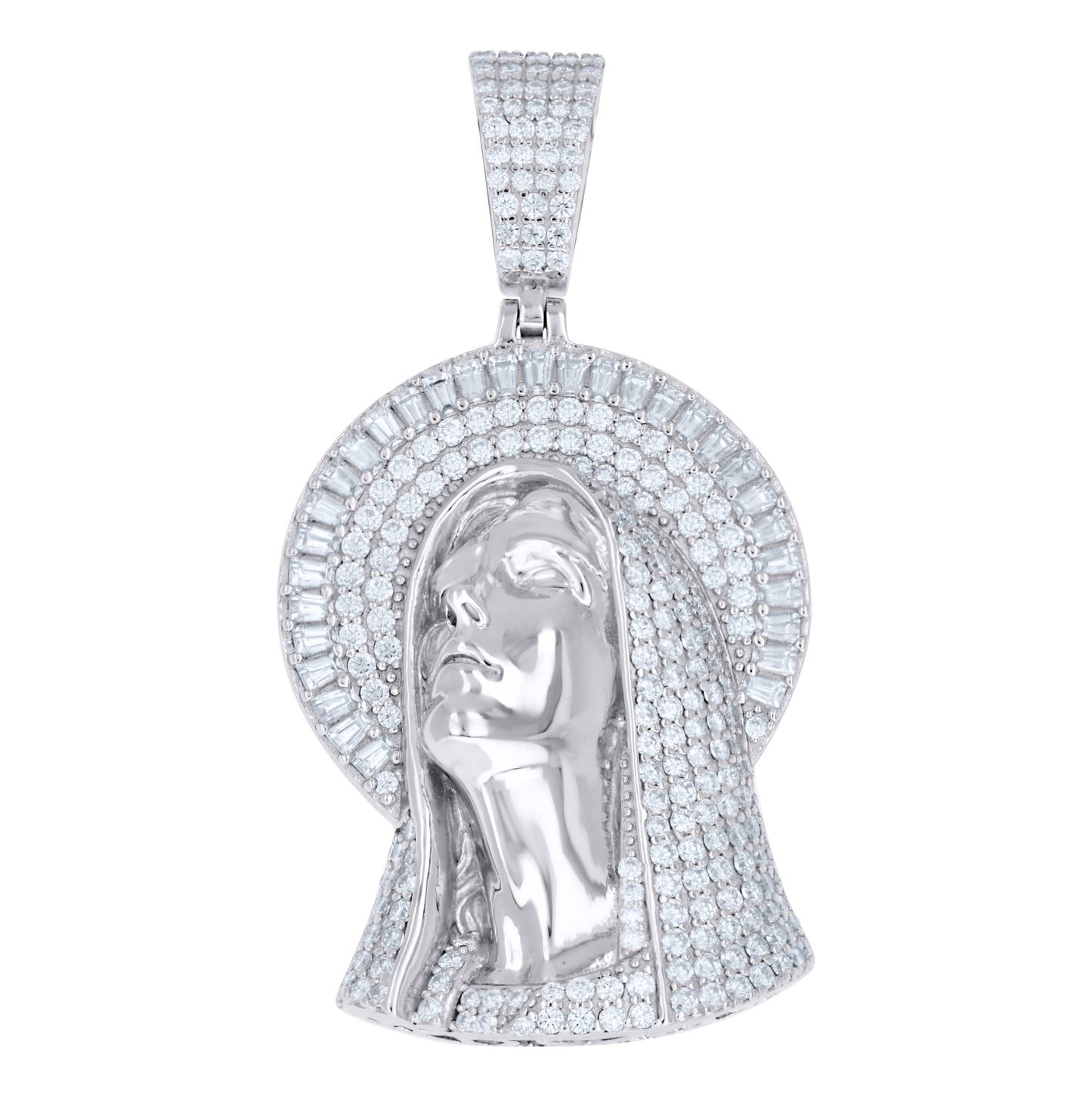 Sterling Silver Mens Baguette Round Moissanite Virgin Mother Mary Guadalupe Religious Pendant – Elegant Jewelry Gift for Birthday, Anniversary, Engagement, Wedding