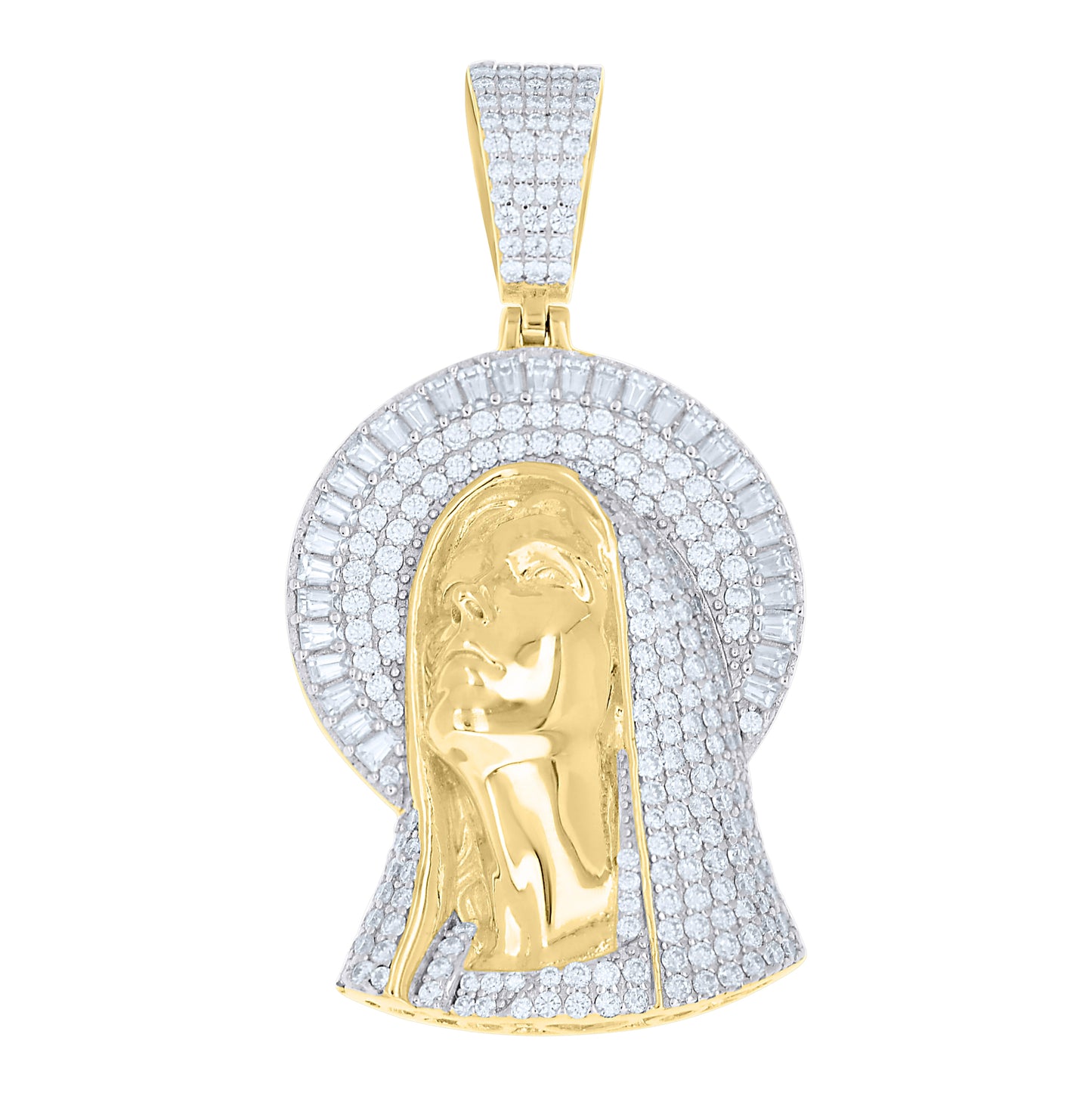 Sterling Silver Mens Baguette Round Moissanite Virgin Mother Mary Guadalupe Religious Pendant – Elegant Jewelry Gift for Birthday, Anniversary, Engagement, Wedding