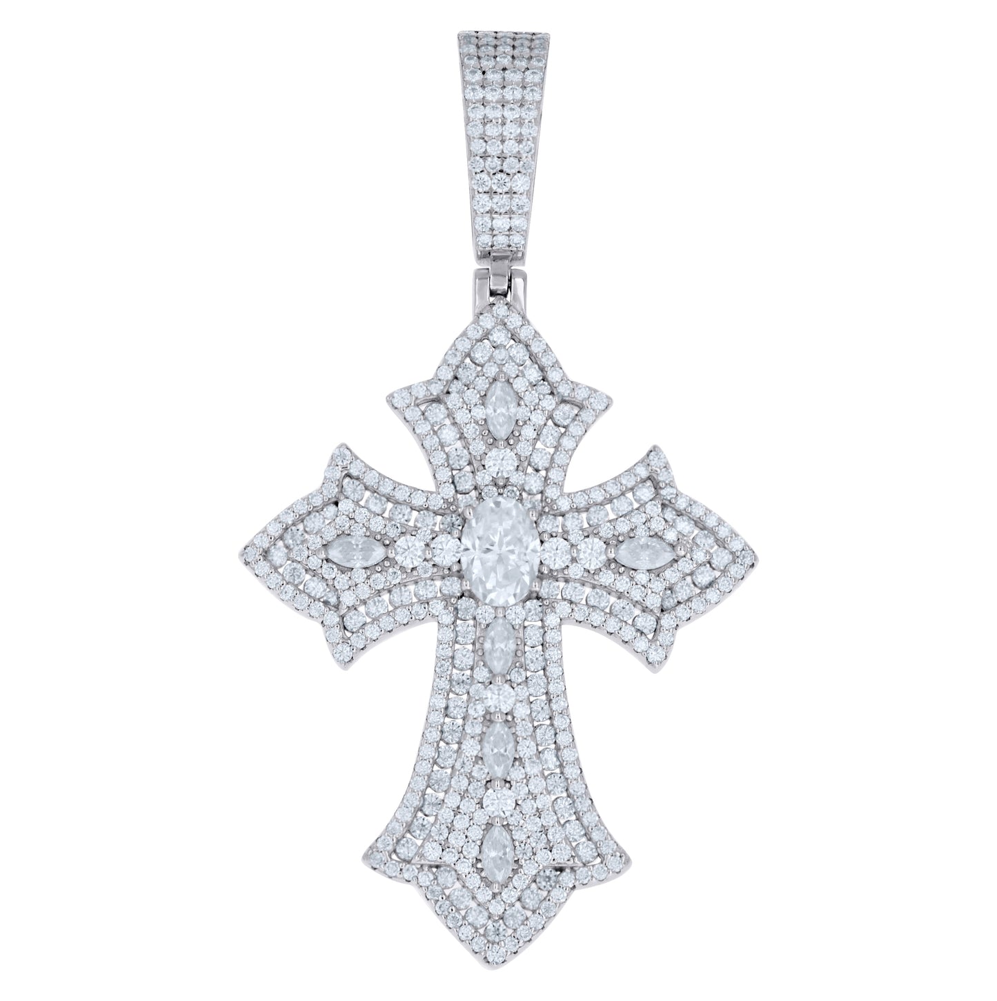Sterling Silver Mens Marquise/Oval Round Moissanite Cross Religious Pendant – Elegant Jewelry Gift for Birthday, Anniversary, Engagement, Wedding