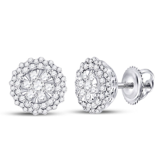 14K White Gold Womens Round Diamond Halo Cluster Earrings 1 Cttw