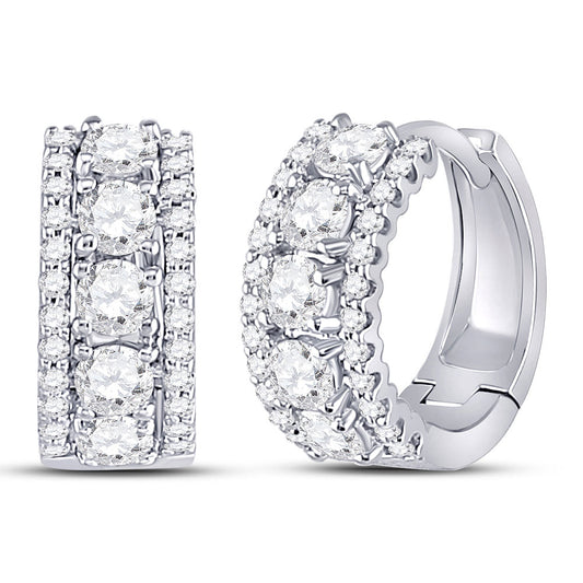 14K White Gold Womens Round Diamond 3-Row Earrings 1 Cttw